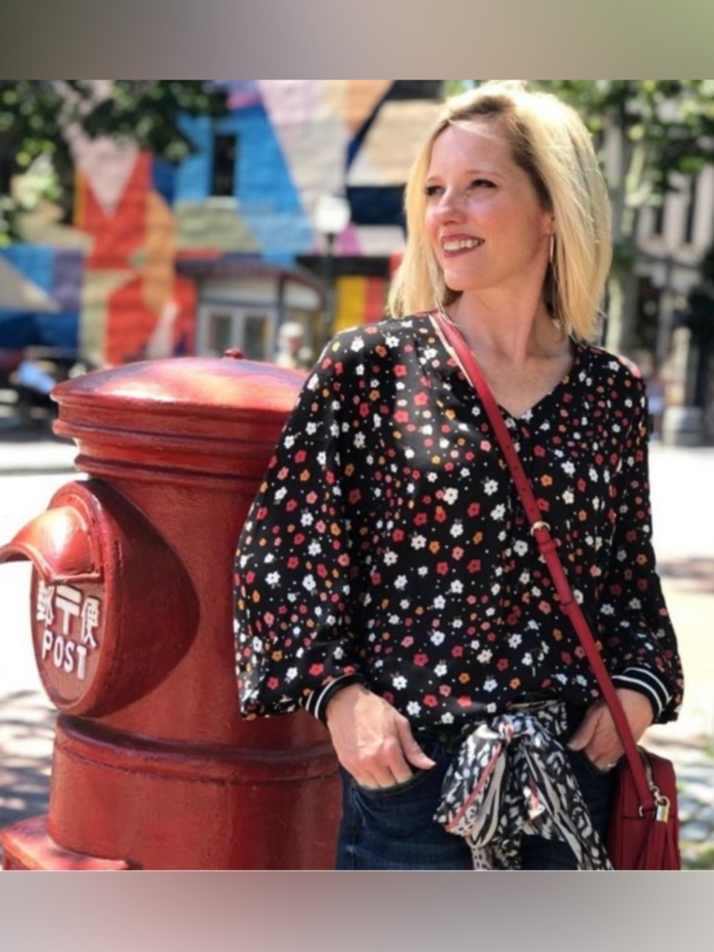 Cabi Floral Sheer Blouse with stripped End Sleeves